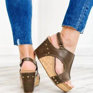 Antelope Brown Leather Wedge Platform Cork Sandals -EU 36